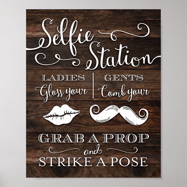 Rustic Chic SELFIE STATION GRAB A PROP Sign Print (Front)