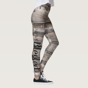 rustic chic SIMPLY BLESSED script on barnwood Leggings