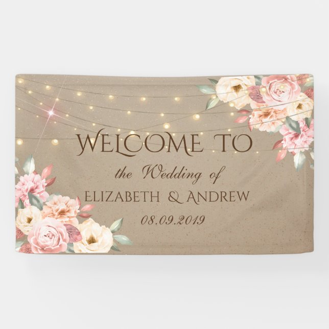 Rustic Chic String Lights Floral Wedding Banner (Horizontal)