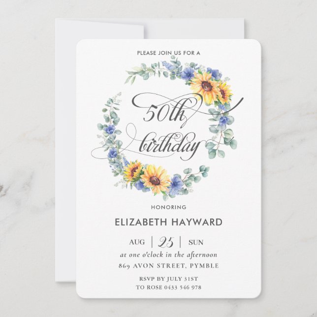 Rustic Chic Sunflower Blue Floral 50th Birthday Invitation (Front)