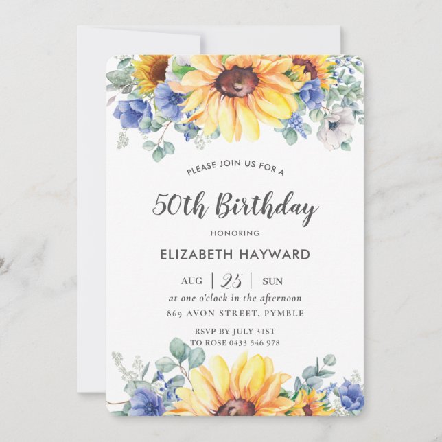 Rustic Chic Sunflower Blue Floral Female Birthday  Invitation (Front)