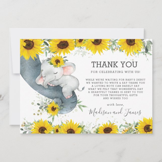 Rustic Chic Sunflower Elephant Baby Shower Girl  Thank You Card (Front)