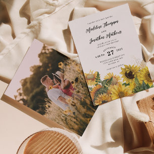 Rustic Chic Sunflower Watercolor Photo Wedding Invitation