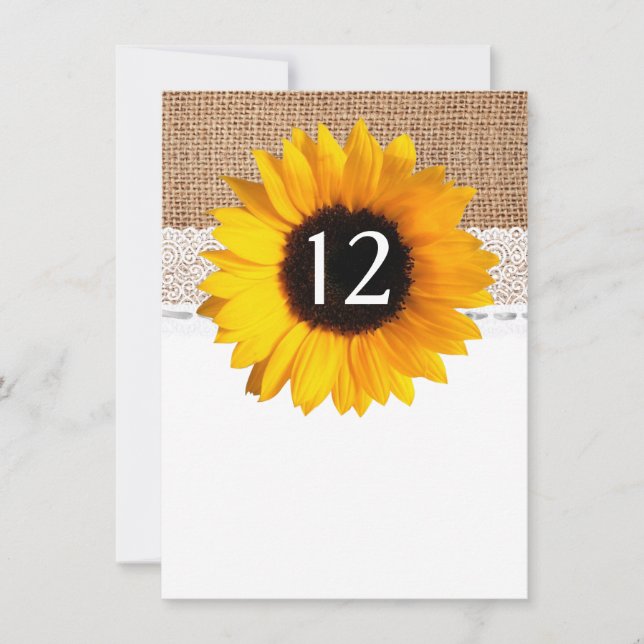 Rustic Chic Sunflower Wedding Table Number (Front)