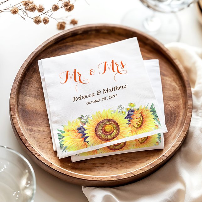 Rustic Chic Sunflowers Mr and Mrs Wedding Napkin (Creator Uploaded)