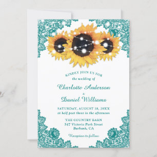 Rustic Chic Teal Lace Sunflower Wedding Invitation
