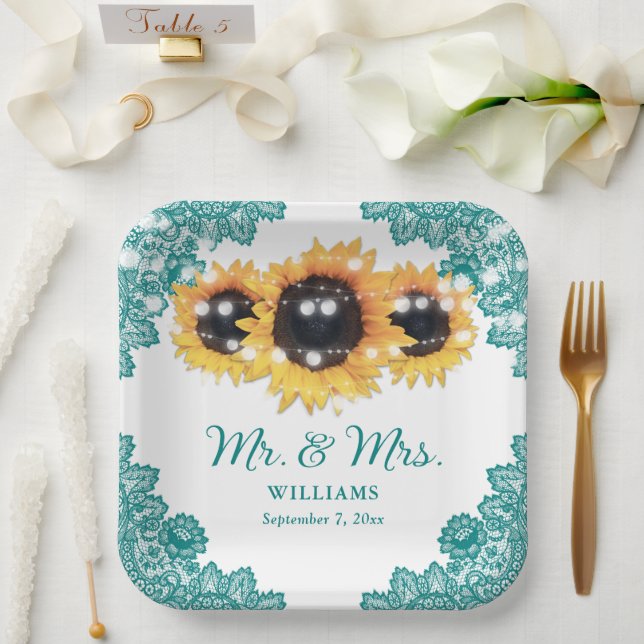 Rustic Chic Teal Lace Sunflower Wedding Paper Plate (Wedding)
