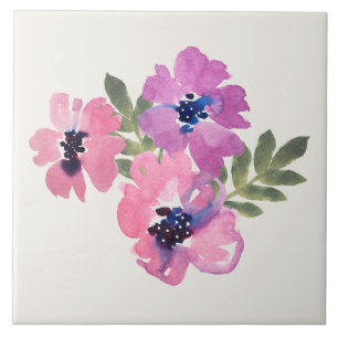 Rustic Chic Watercolor Floral Pink Cream Ceramic Tile