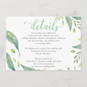 Rustic chic Watercolor FoliageWedding DETAILS Card