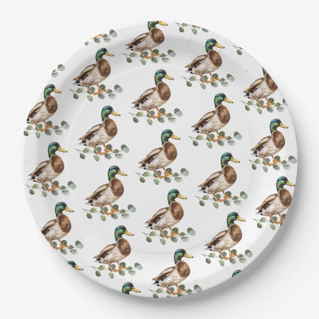 Rustic Chic Watercolor Mallard Duck  Paper Plate (Front)