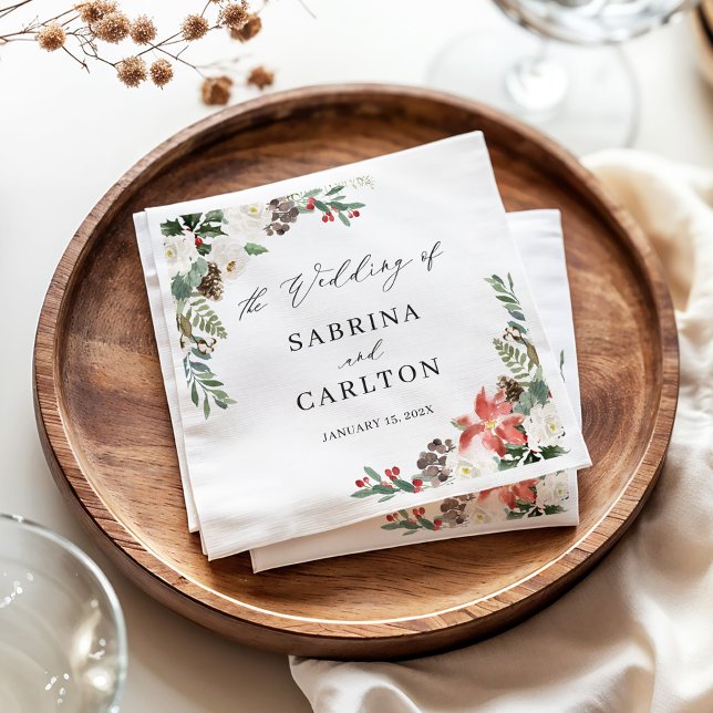 Rustic Chic Winter Floral Holly Berries Wedding Napkin (Creator Uploaded)
