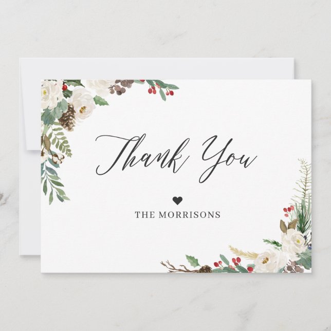 Rustic Chic Winter Floral Holly Berries Wedding Thank You Card (Front)