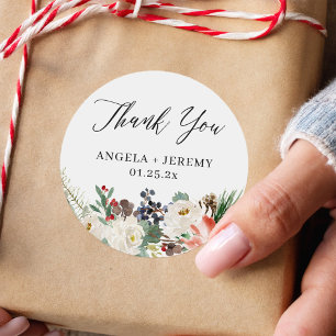Rustic Chic Winter Floral Wedding Thank You Classic Round Sticker