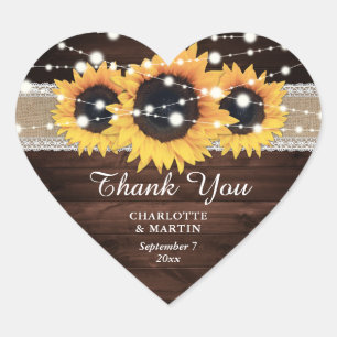 Rustic Chic Wood Burlap and Lace Sunflower Wedding Heart Sticker