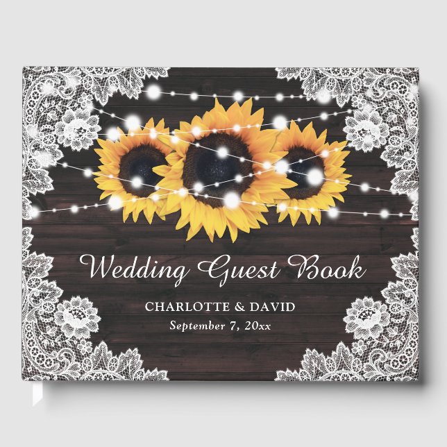 Rustic Chic Wood Lace Sunflower Wedding Guest Book (Front)