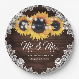 Rustic Chic Wood Lace Sunflower Wedding Paper Plate