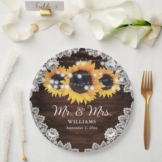 Rustic Chic Wood Lace Sunflower Wedding Paper Plate (Wedding)