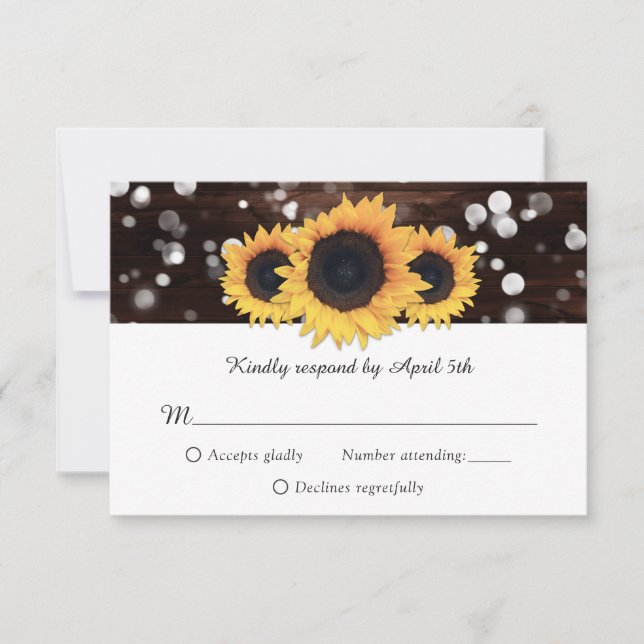 Rustic Chic Wood Lace Sunflower Wedding RSVP Card (Front)
