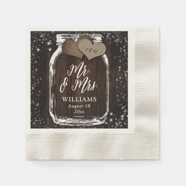 Rustic Chic Wood Mason Jar Mr. & Mrs. Wedding Napkin (Front)