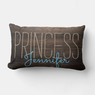 Rustic Chic WOOD PRINCESS YOUR NAME BEIGE IN BLUE Lumbar Cushion