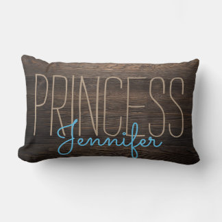 Rustic Chic WOOD PRINCESS YOUR NAME BEIGE IN BLUE Lumbar Cushion