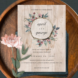 RUSTIC CHIC WOOD SLICE PINK FLORAL WEDDING INVITE