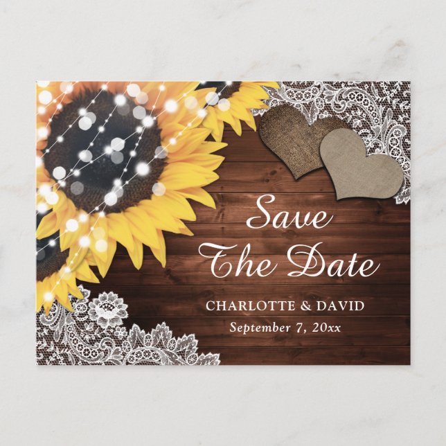 Rustic Chic Wood Sunflower Wedding Save The Date Announcement Postcard (Front)