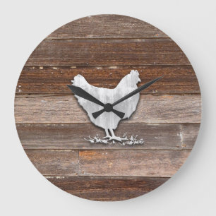 Rustic Chicken (Brown Boards) Large Clock