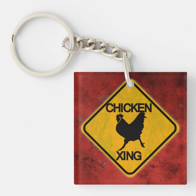 Rustic Chicken Crossing Sign Key Ring (Front)