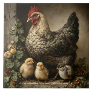 Rustic Chicken Hen with Chicks Ceramic Tile