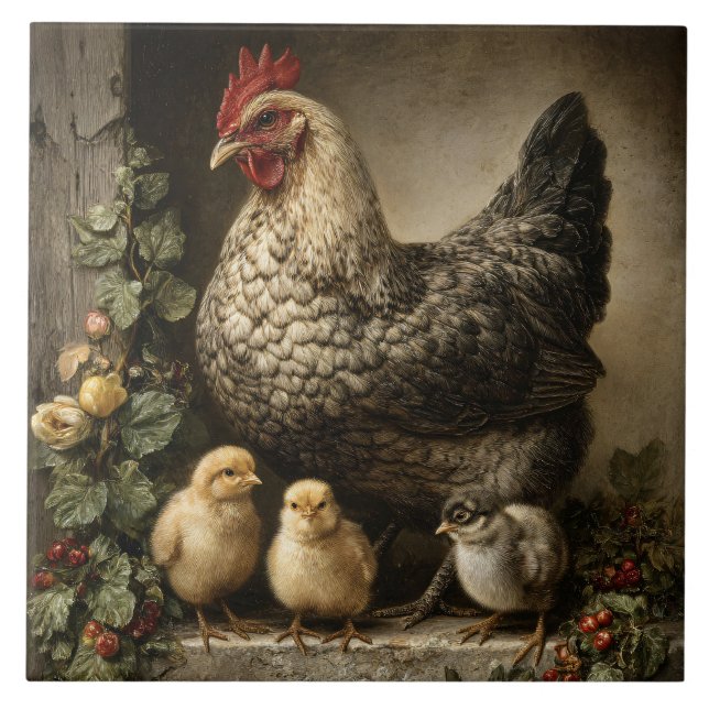 Rustic Chicken Hen with Chicks Ceramic Tile (Front)
