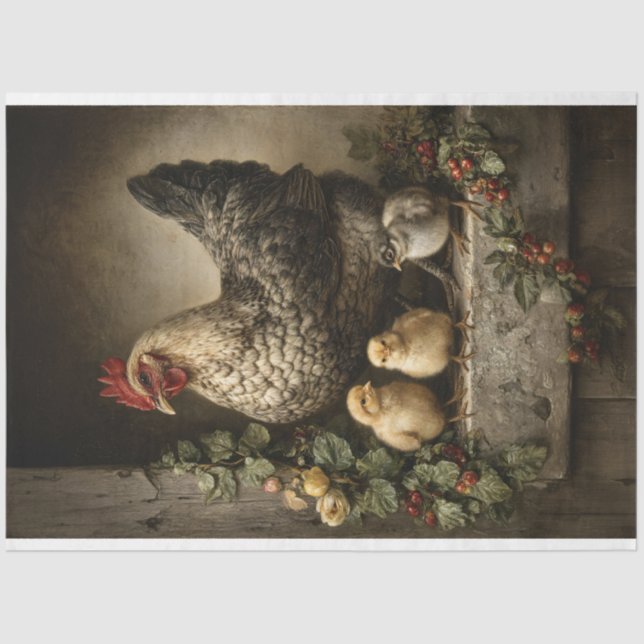 Rustic Chicken Hen with Chicks Decoupage Tissue Paper (Front)