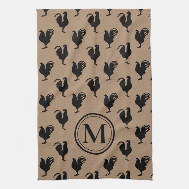 Rustic Chicken n' Rooster Farmhouse Monogram Tea Towel (Vertical)