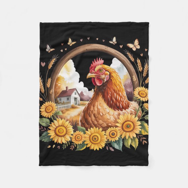 Rustic Chicken Sunflower Farmhouse Scene Frame  Fleece Blanket (Front)