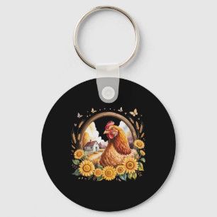Rustic Chicken Sunflower Farmhouse Scene Frame Key Ring