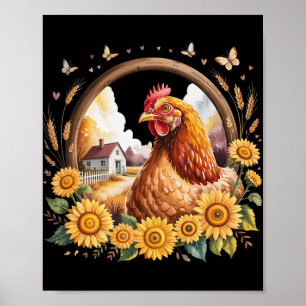 Rustic Chicken Sunflower Farmhouse Scene Frame Poster