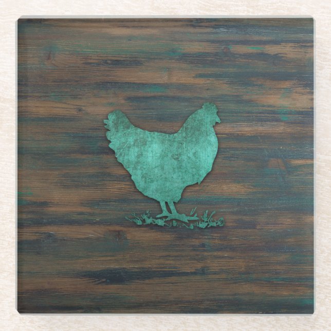 Rustic Chicken (Teal) Glass Coaster (Front)