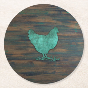 Rustic Chicken (Teal) Round Paper Coaster