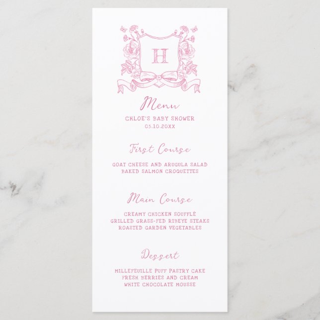 Rustic Chinoiserie Bow Floral Crest Baby Shower Menu (Front)