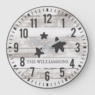 Rustic Chippy Planks Custom Family Name Stars Large Clock