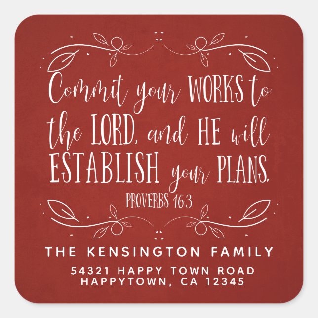 Rustic Christian Bible Verse Red Address Square Sticker (Front)