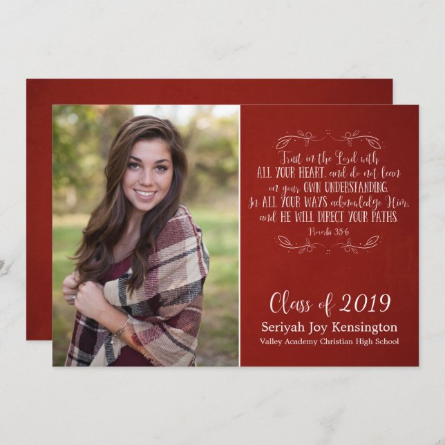 Rustic Christian Bible Verse Red Graduation Photo Invitation (Front/Back)