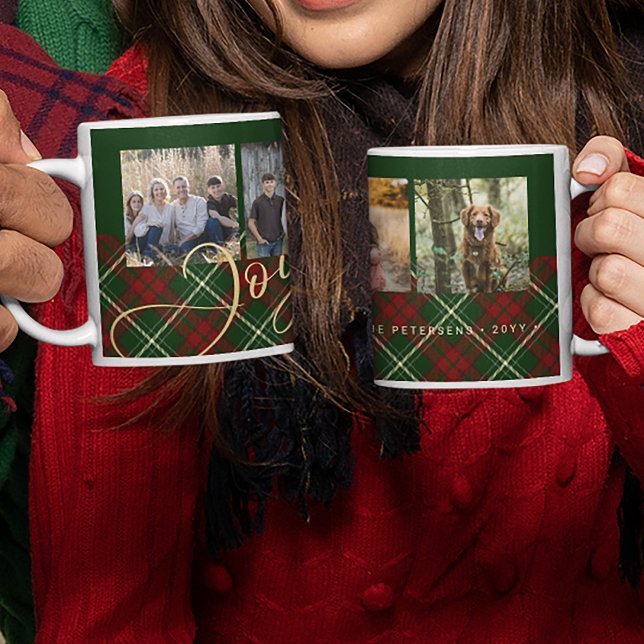 Rustic Christmas 4 photos joyful family green gold Coffee Mug (Creator Uploaded)