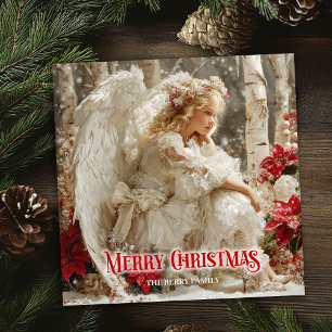 Rustic Christmas angel red poinsettias seasonal Holiday Card