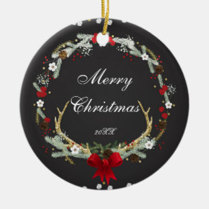 Rustic Christmas Antler Wreath Holiday Custom Ceramic Ornament