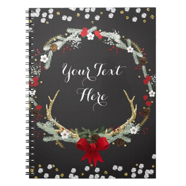 Rustic Christmas Antler Wreath Holiday Custom Notebook (Front)