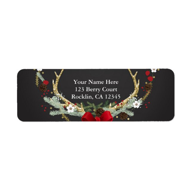 Rustic Christmas Antler Wreath Holiday Invitation Return Address Label (Front)