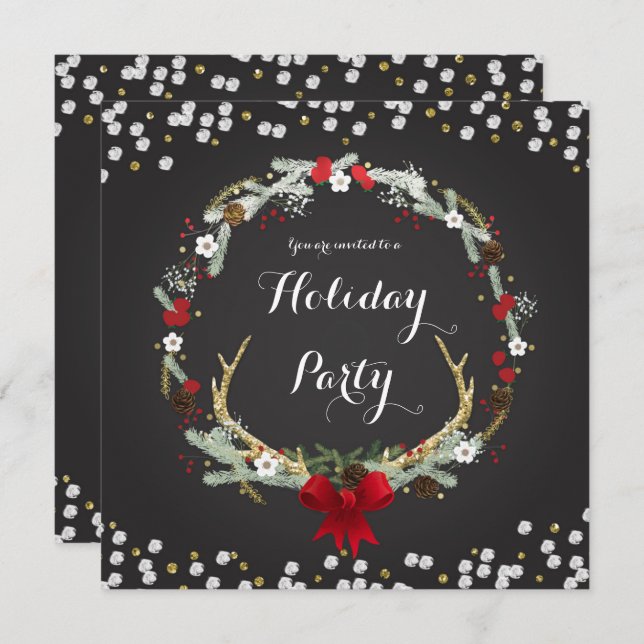 Rustic Christmas Antler Wreath Party Invitations (Front/Back)
