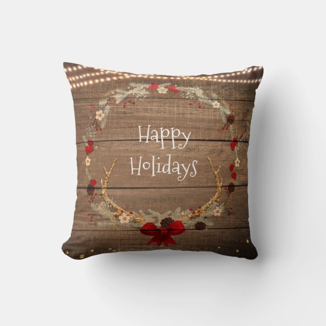 Rustic Christmas Antler Wreath Wood & Lights Cushion (Front)