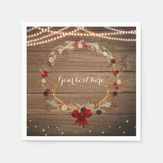 Rustic Christmas Antler Wreath Wood & Lights Napkin (Front)
